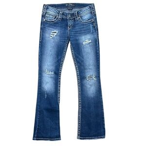 💙 Y2K Silver Low Rise Bootcut Jeans Sz 25 Distressed Thick Stitch Vintage